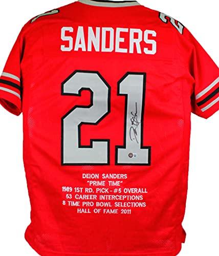 Deion Sanders Autographed Red W/Black Pro Style Stat Jersey- Beckett Auth U1