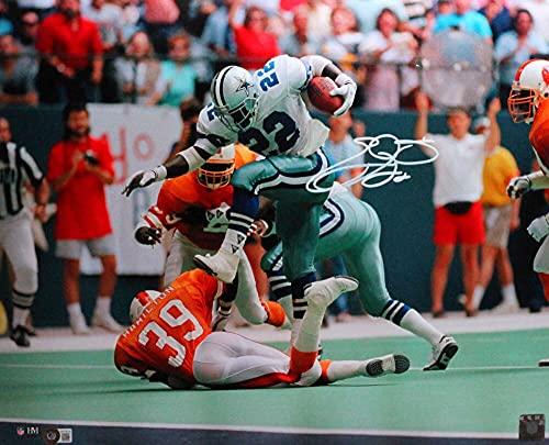 Emmitt Smith Autographed Cowboys Leap Over Players 16x20 HM Photo- Beckett WWte