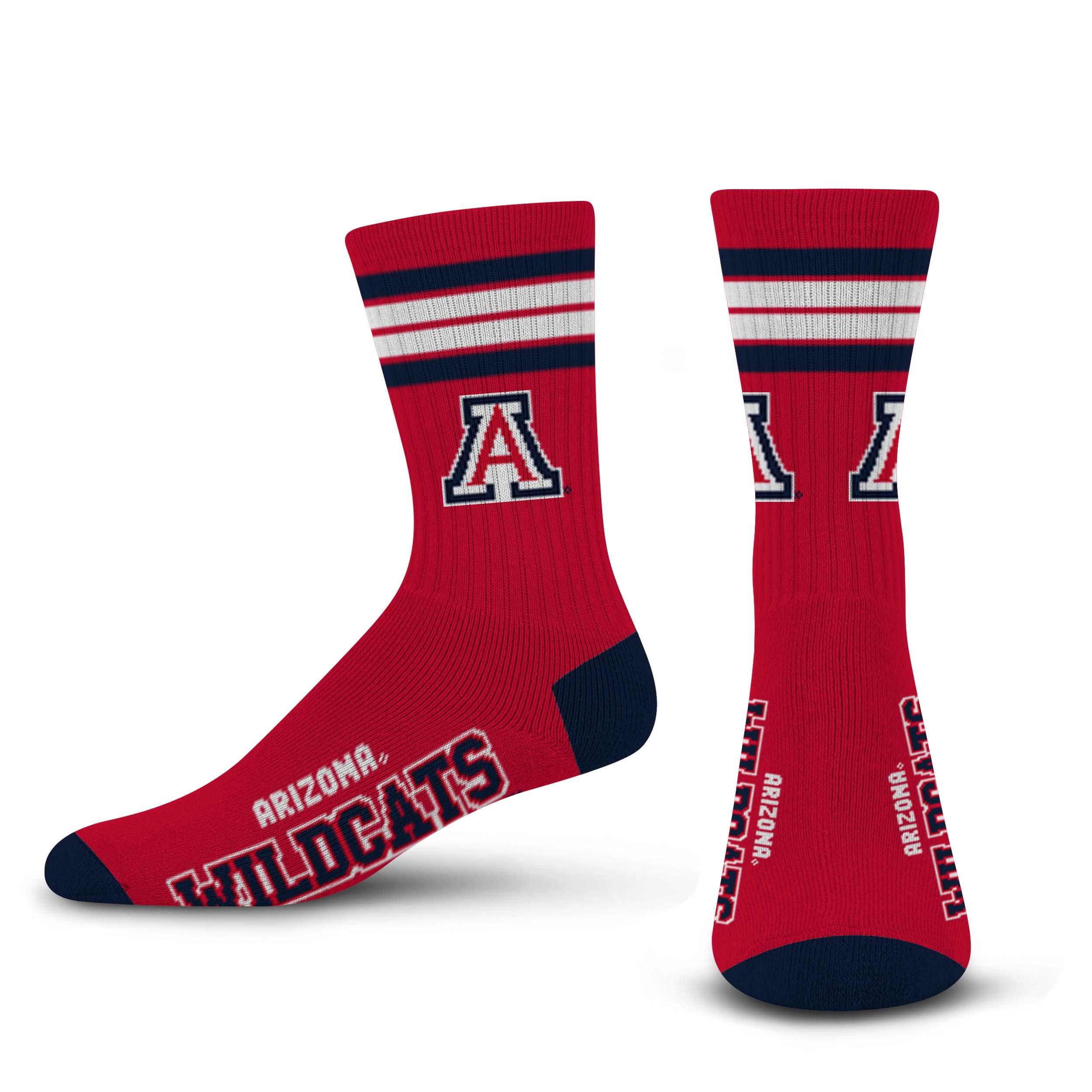 For Bare Feet FBF NCAA Arizona Wildcats 4 Stripe Deuce Crew Sock Team Color MEDIUM