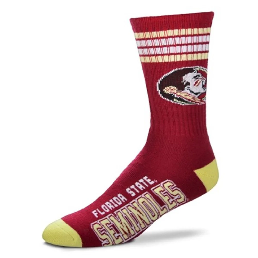 For Bare Feet Mens NCAA 4 Stripe Deuce Crew Socks, Florida State Seminoles, Large