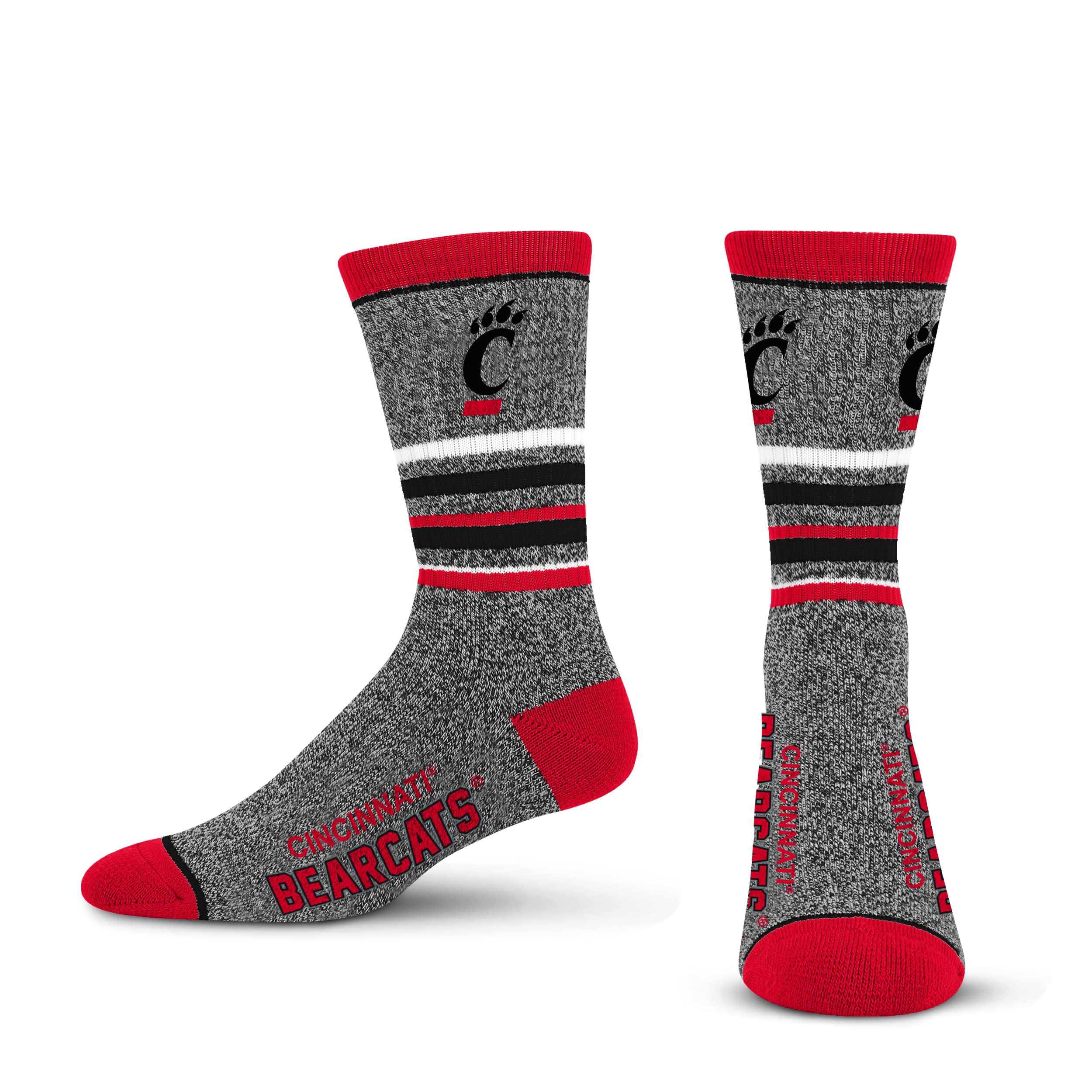 For Bare Feet Mens NCAA Cincinnati Bearcats 5 Star Crew Sock Marble Grey Large
