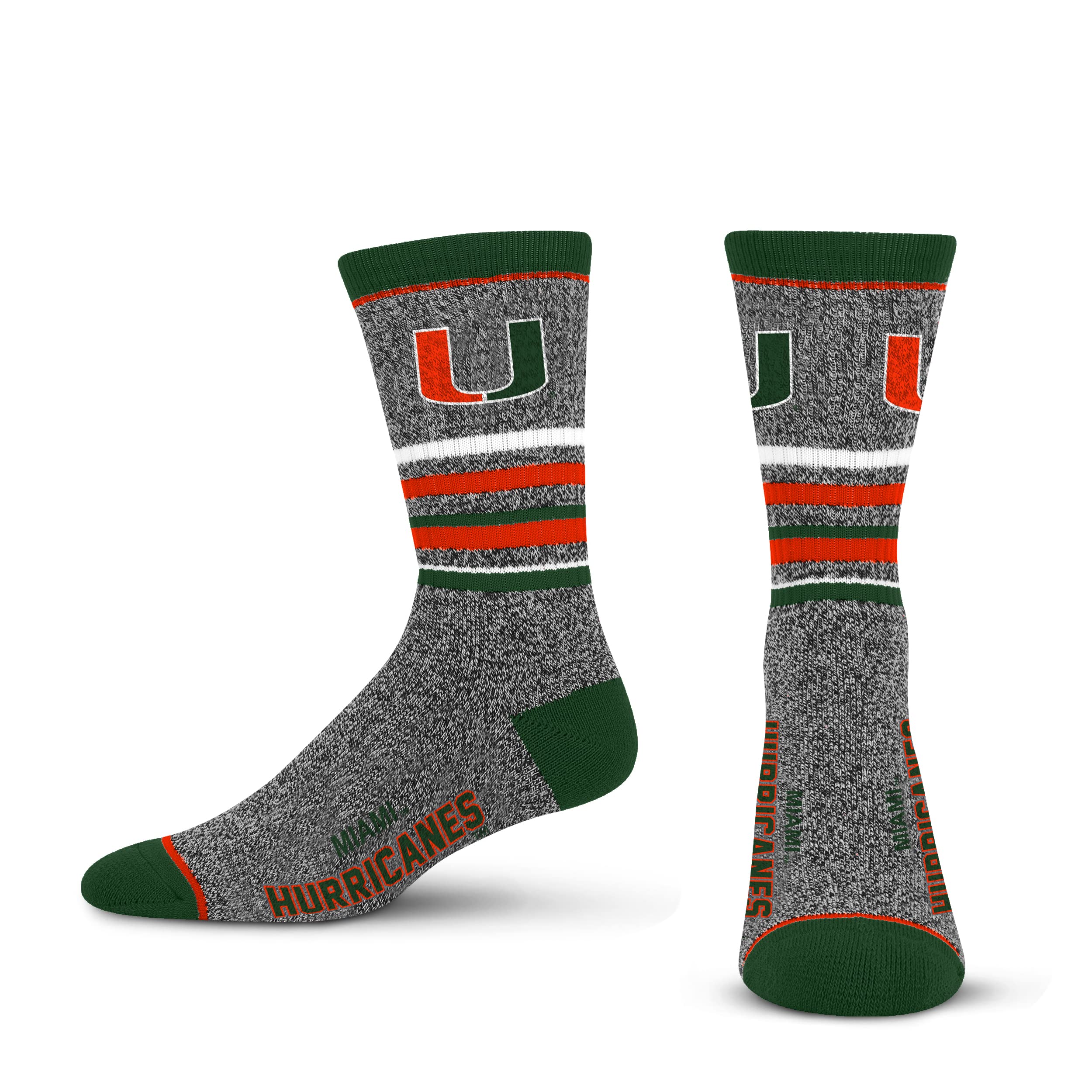 For Bare Feet Mens NCAA Miami (FL) Hurricanes 5 Star Crew Sock Marble Grey Large