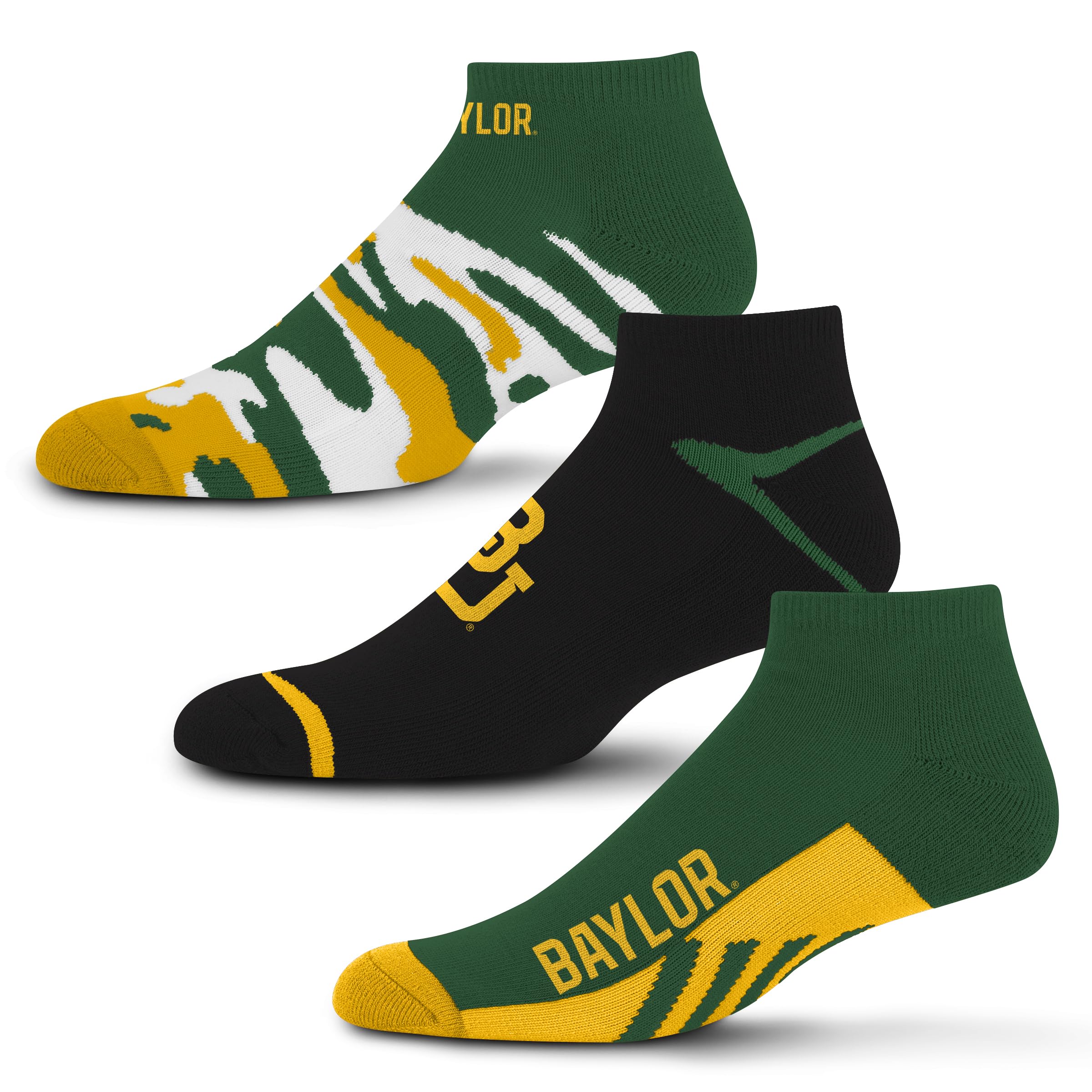 For Bare Feet NCAA Baylor Bears CAMO BOOM 3 Pack Ankle Sock Team Colors Large