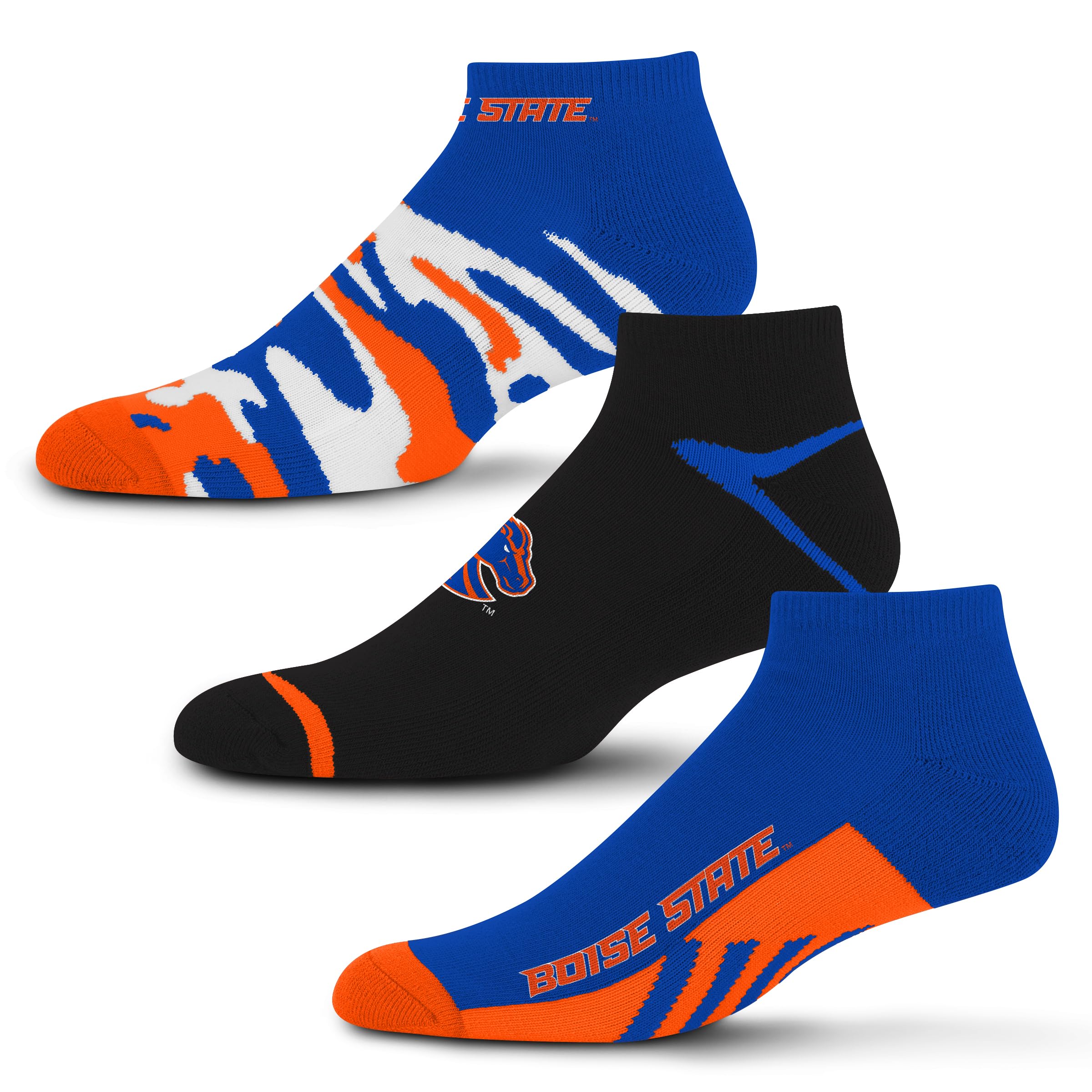 For Bare Feet NCAA Boise State Broncos CAMO BOOM 3 Pack Ankle Sock Team Colors Large