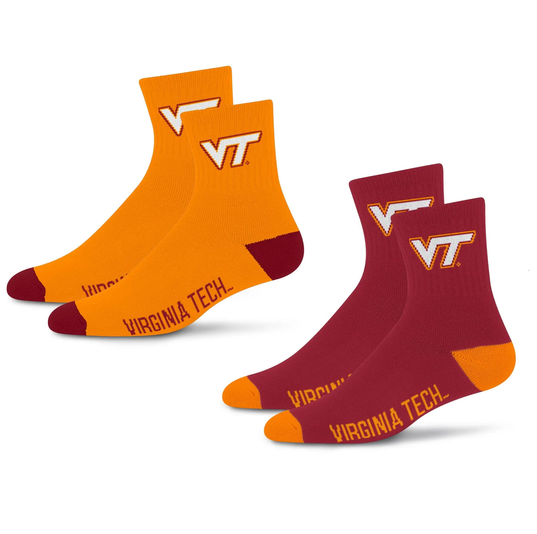 For Bare Feet NCAA Virginia Tech Hokies Quarter Sock Two Pack Team Colors Large