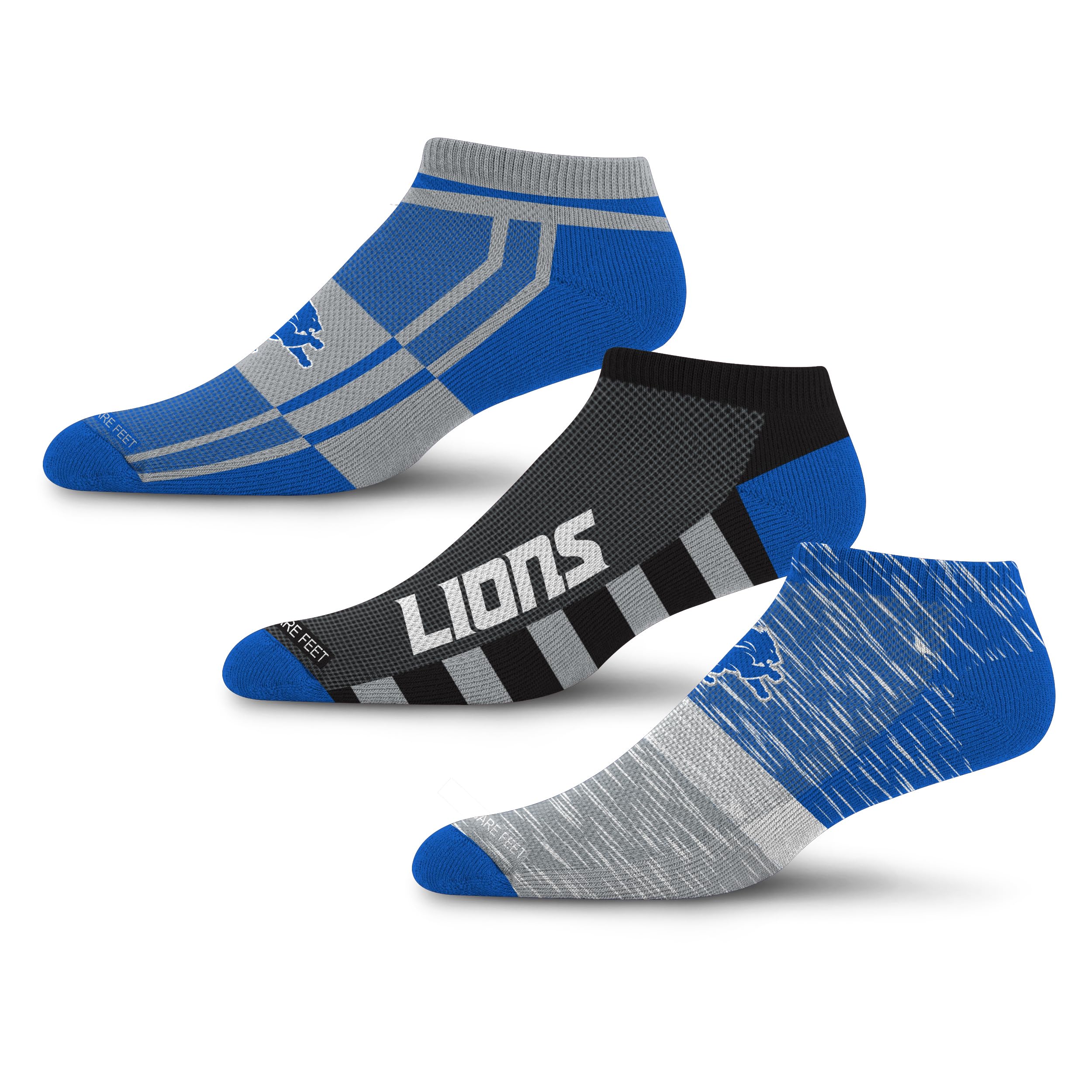 For Bare Feet NFL DETROIT LIONS Stripe Stack 3 Pack Ankle Sock Team Colors Large