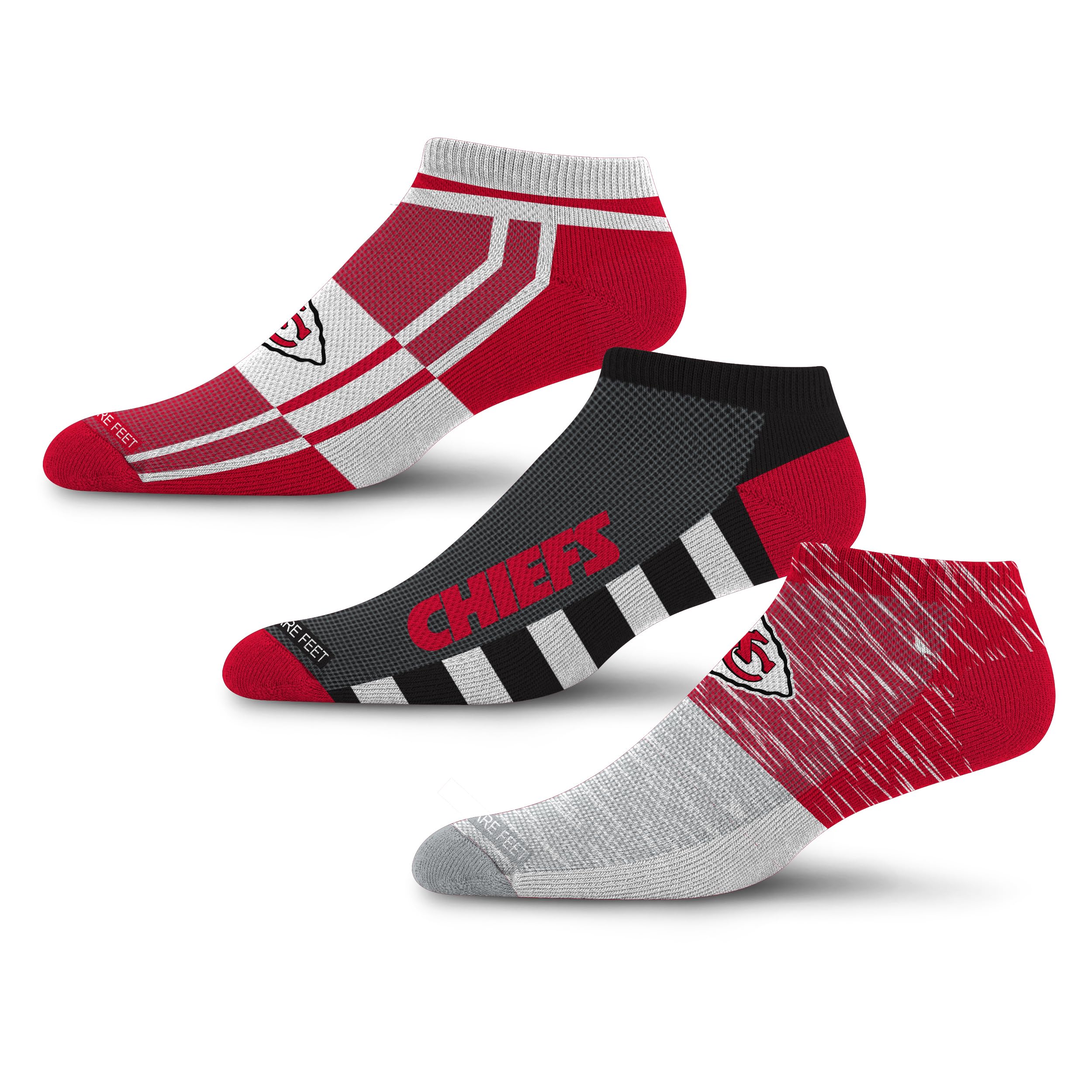For Bare Feet NFL KANSAS CITY CHIEFS Stripe Stack 3 Pack Ankle Sock Team Colors Large