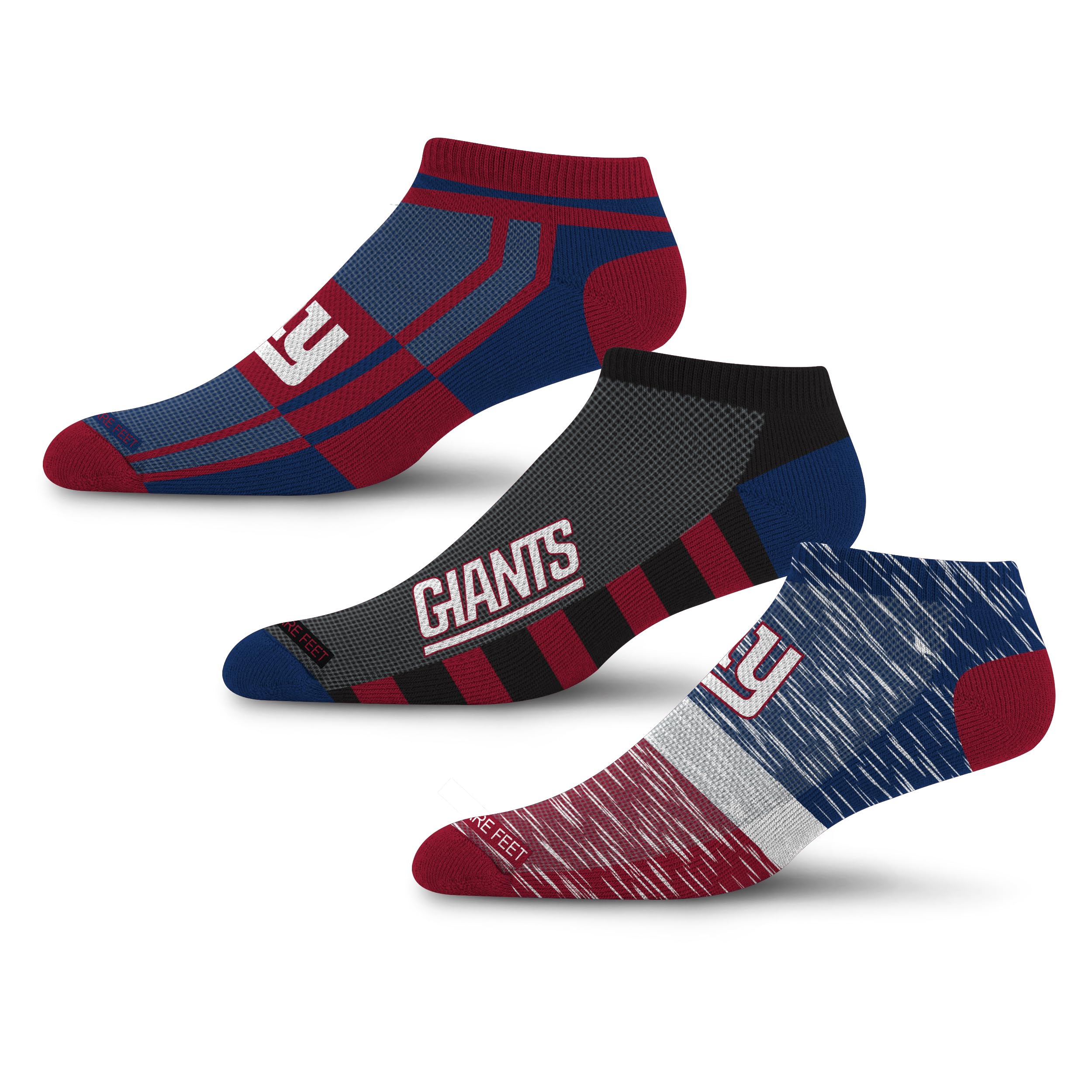For Bare Feet NFL NEW YORK GIANTS Stripe Stack 3 Pack Ankle Sock Team Colors Large