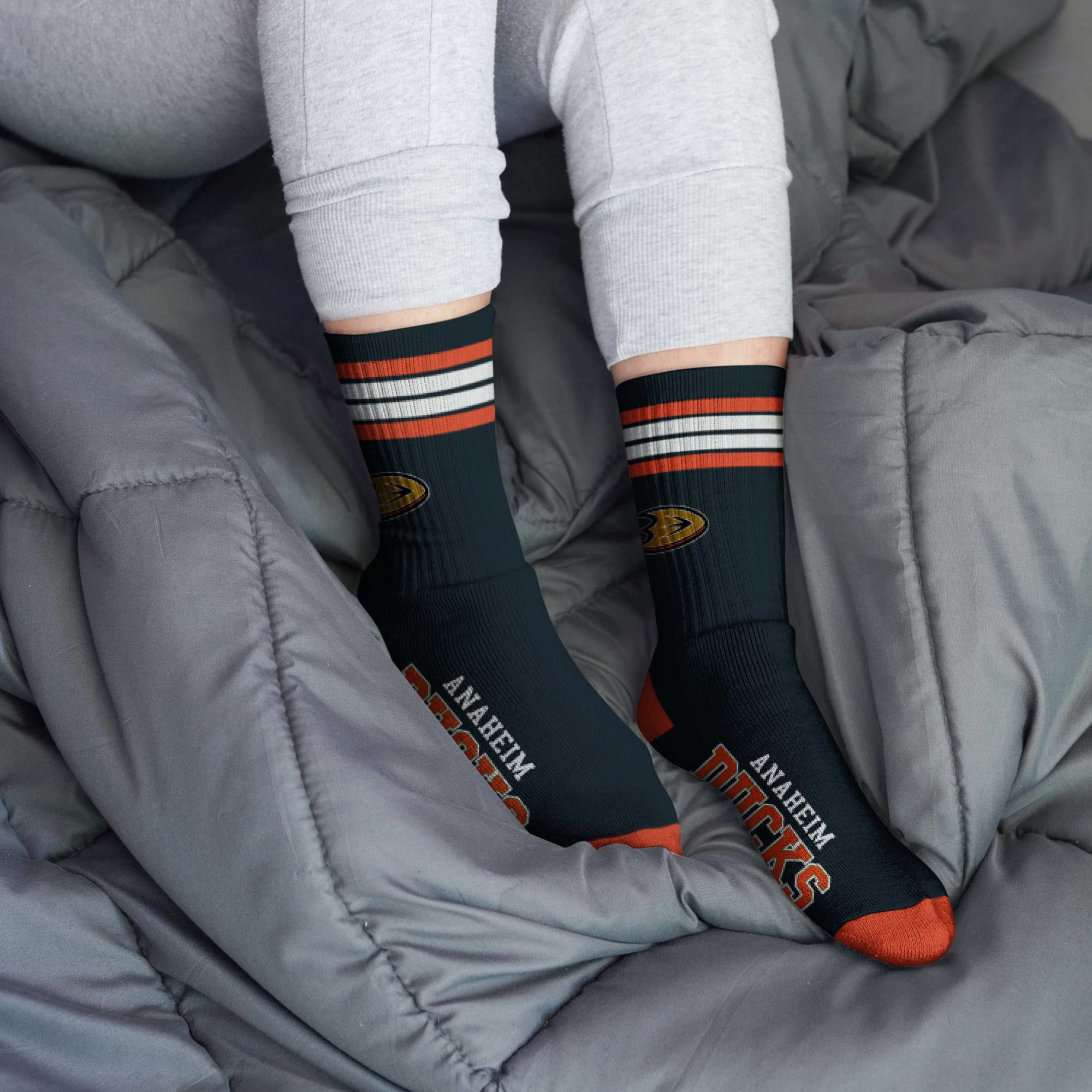 For Bare Feet NHL Anaheim Ducks 4 Stripe Deuce Crew Sock Team Color LARGE - Image 2