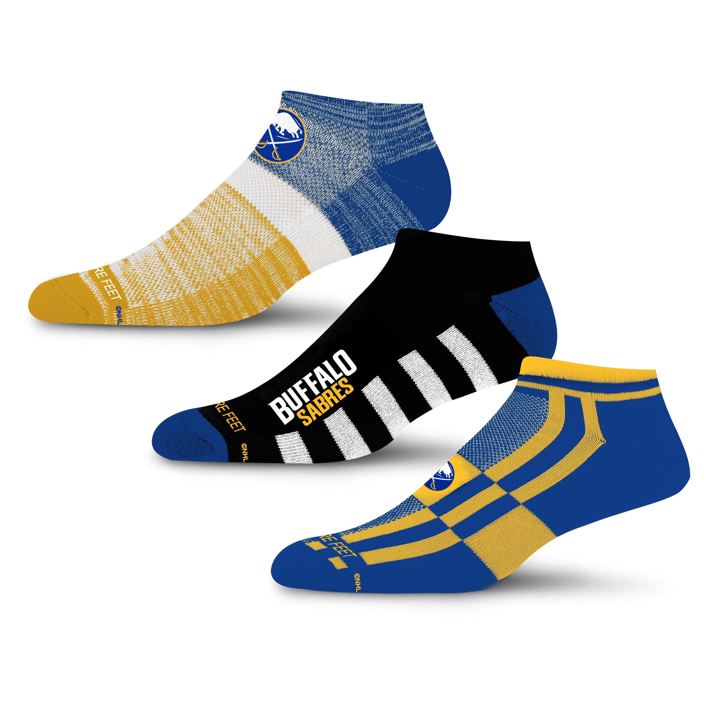 For Bare Feet NHL BUFFALO SABRES Stripe Stack 3 Pack Ankle Sock Team Colors Large