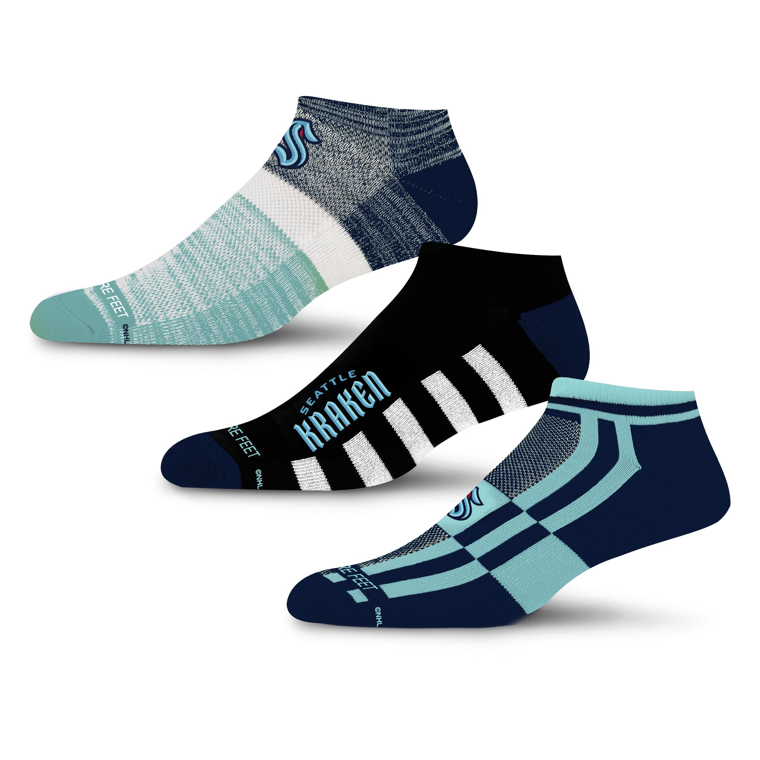 For Bare Feet NHL SEATTLE KRAKEN Stripe Stack 3 Pack Ankle Sock Team Colors Large