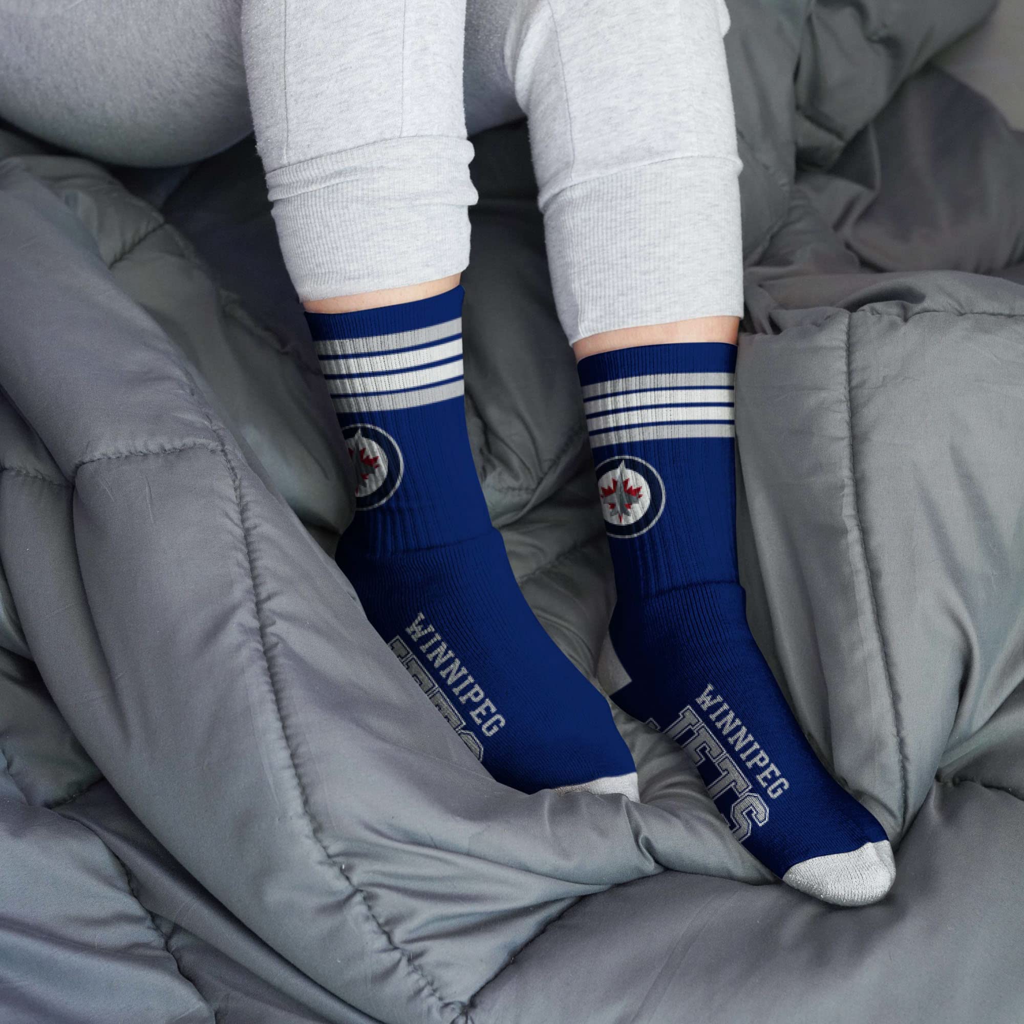 For Bare Feet NHL Winnipeg Jets 4 Stripe Deuce Crew Sock Team Color LARGE - Image 2